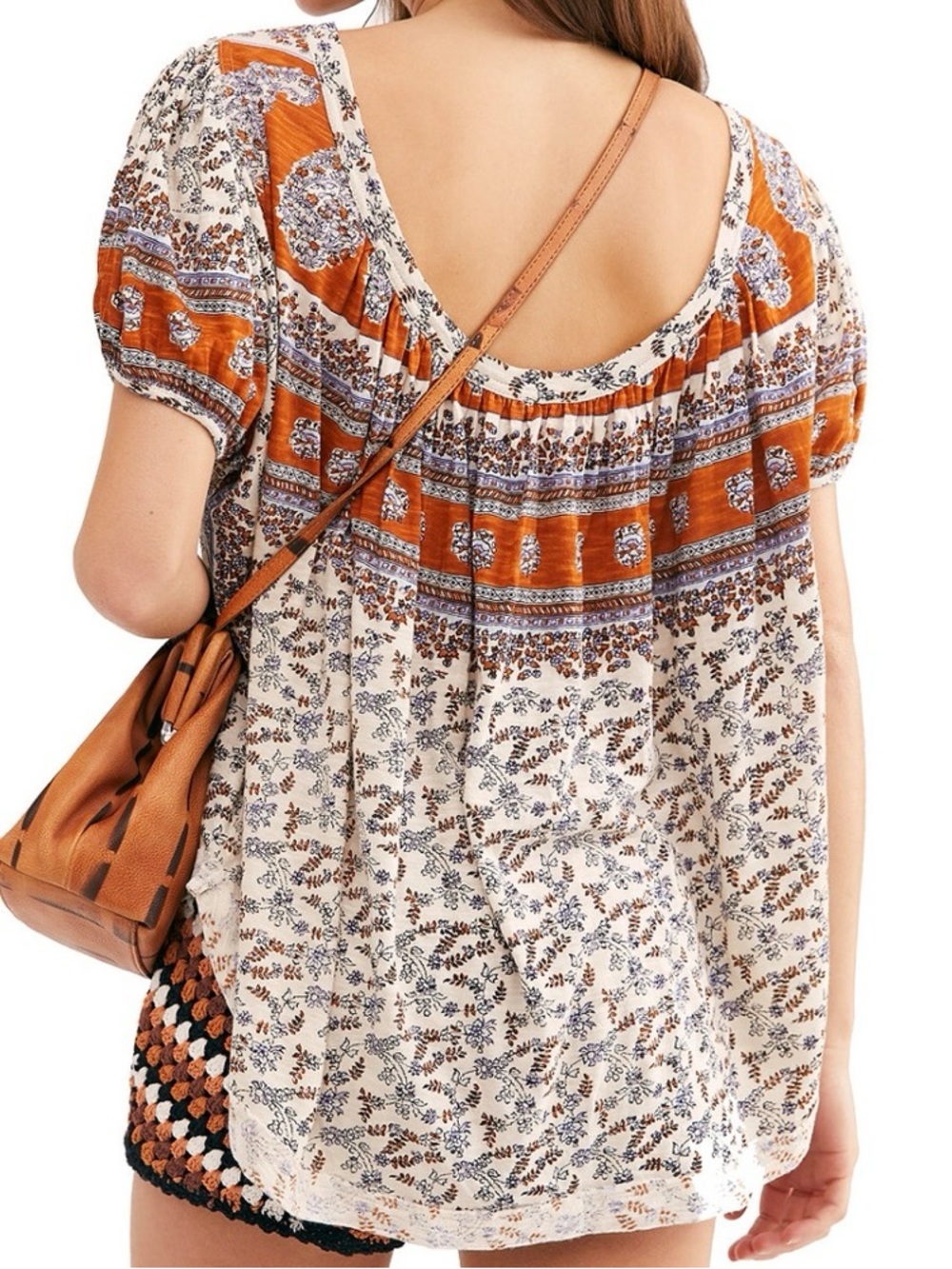 Free People Boho Printed Short Sleeve Top XS Flowy Peasant Blouse Orange Tones - Picture 3 of 4